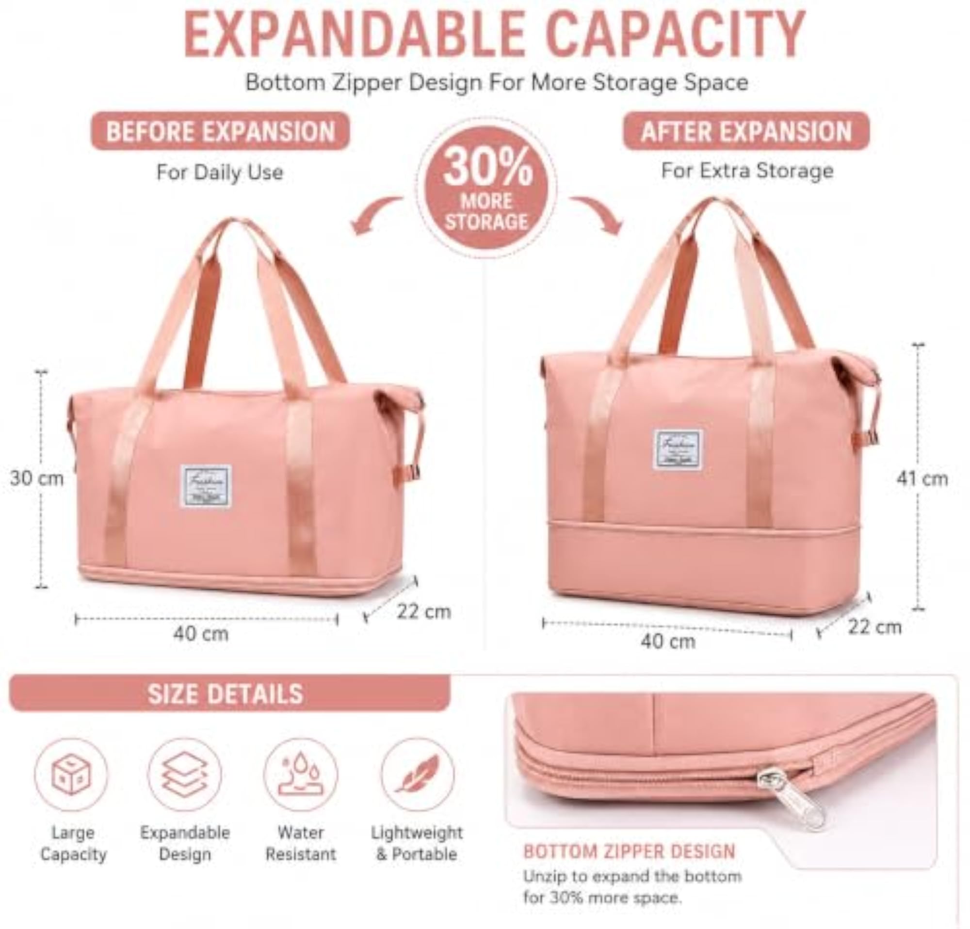 Women's Expandable Pink Travel Bag, Stylish Design